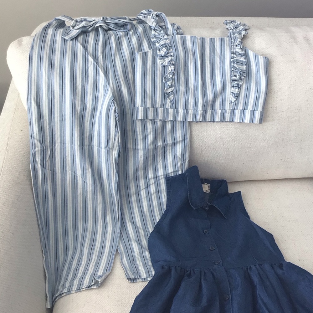 Blue Striped Two-Piece Set and Navy Dress
